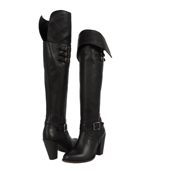 Frye Jenny Belted Over the Knee Black Leather Buckle Boots